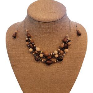 BOHO Brown Wood Bead Triple Strand Necklace w/ Matching Earrings Set
